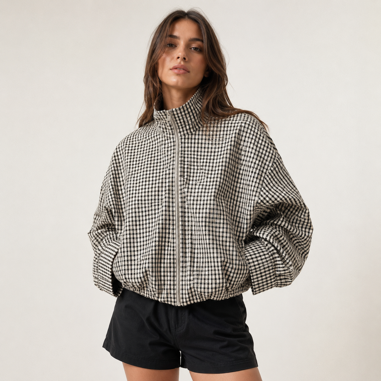 Plaid Cropped Zip Jacket