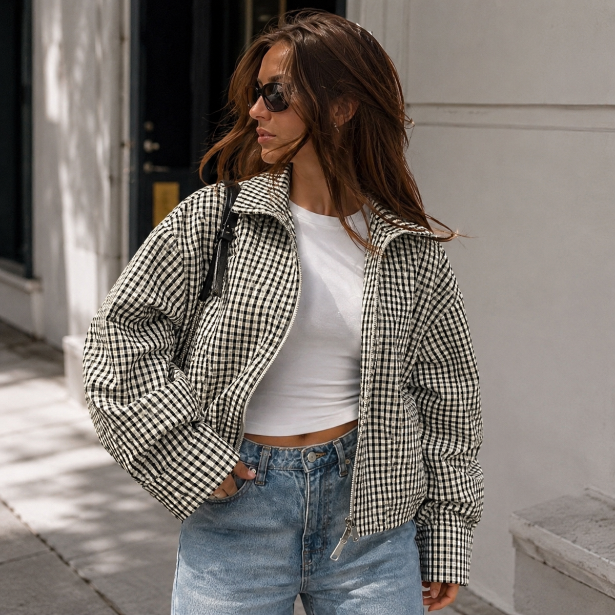 Plaid Cropped Zip Jacket