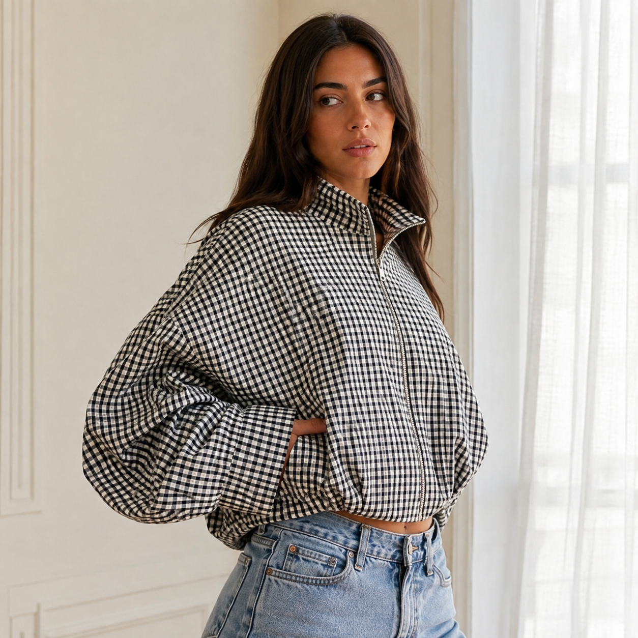 Plaid Cropped Zip Jacket
